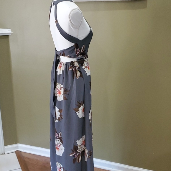 Open Back Halter Maxi Gray Tropical Floral Small - Picture 7 of 16